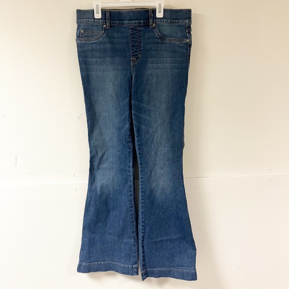 Spanx Flare Leg Pull On Denim Jeans Comfort Waist Vintage indigo Large Petite - Picture 4 of 9